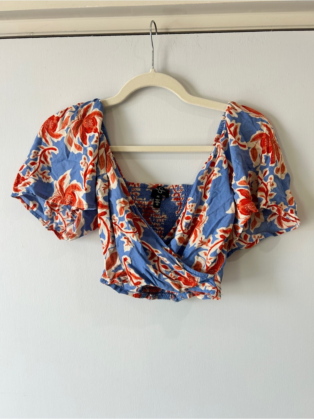 Jessica Simpson Blue and Red Floral Wrap Crop Top